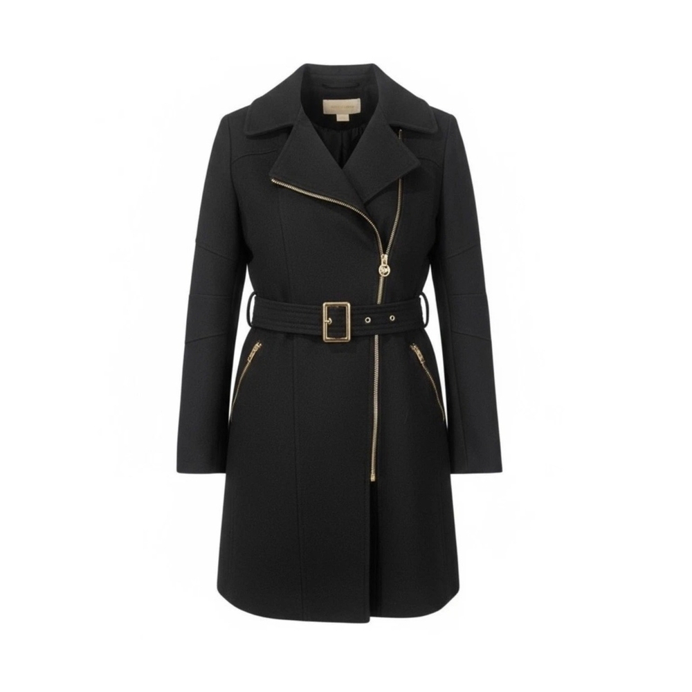 Michael Kors Asymmetrical Black Belted Women's Trench Coat - Petite Medium